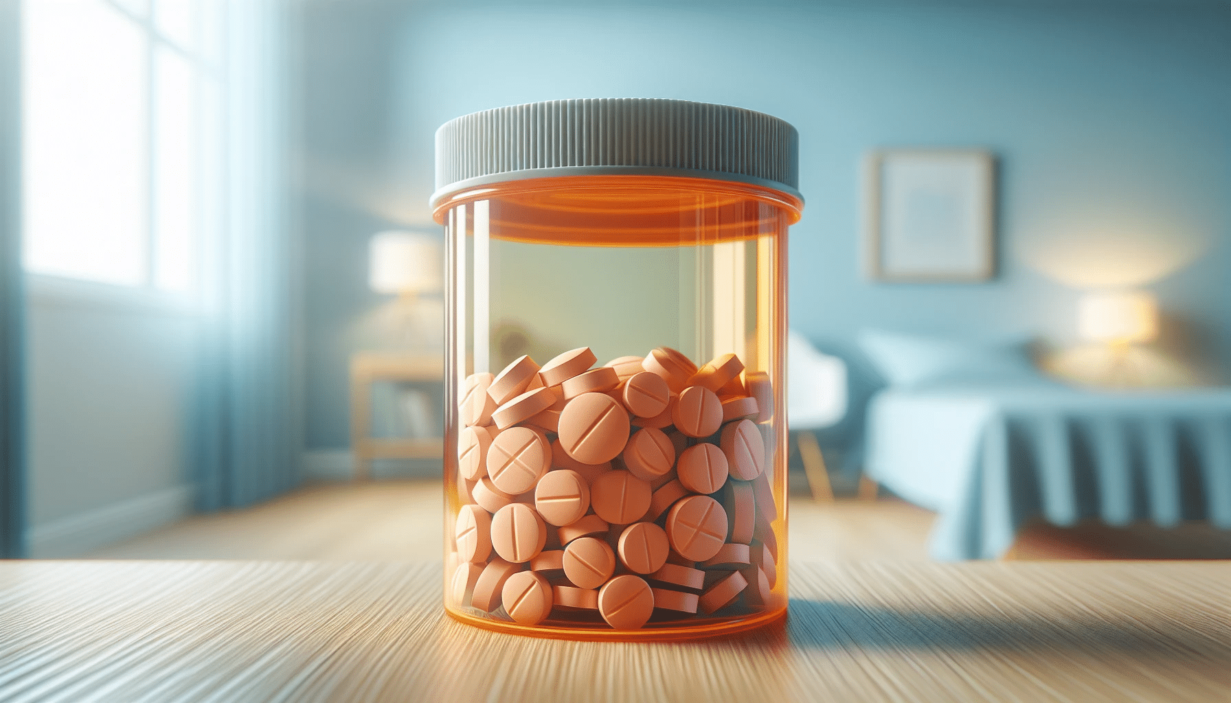 Illustration of a prescription stimulant pill bottle with the label 'Adderall' blurred in the background