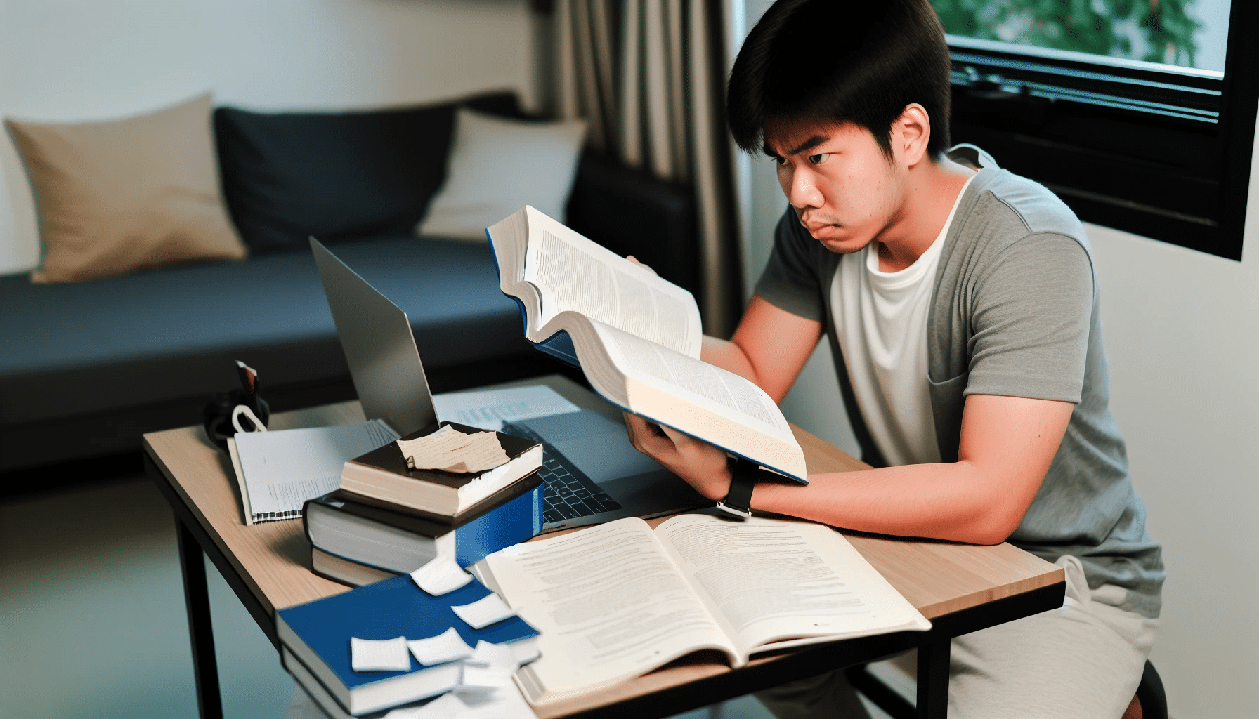Photo of a college student studying with books and notes, showing signs of focus and concentration